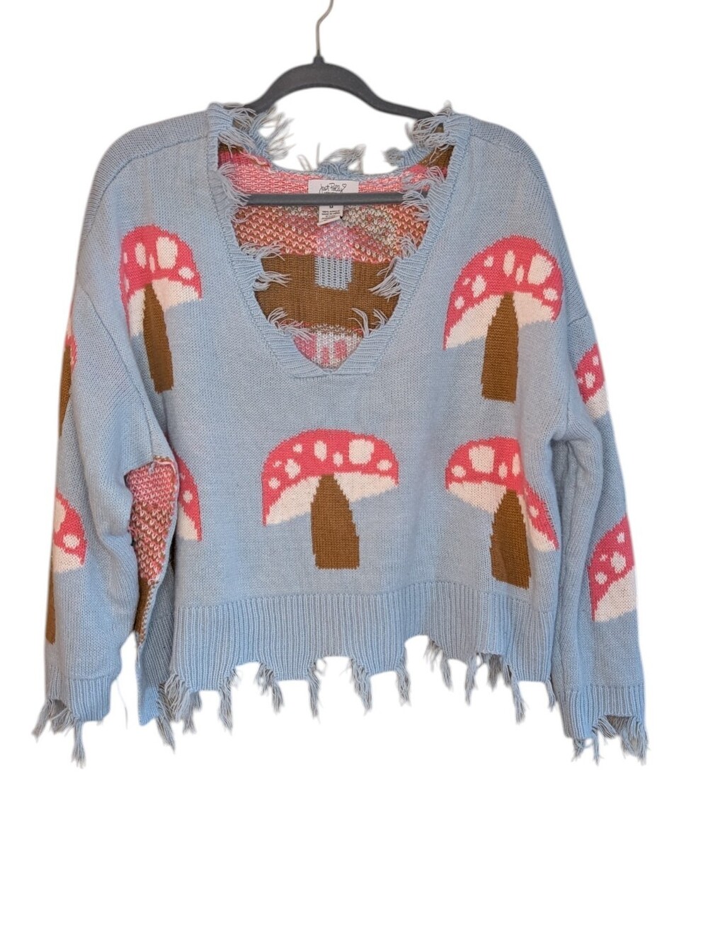 DIY Just Polly Distressed Mushroom Knit Sweater Light Blue size Medium Frayed